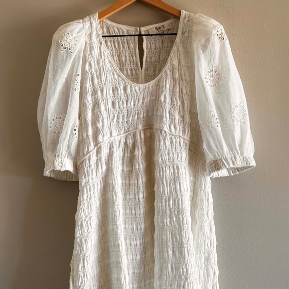 Sea NY Blaine Eyelet Puff Sleeve Smocked Dress | Size Large | Eggshell - Picture 6 of 16
